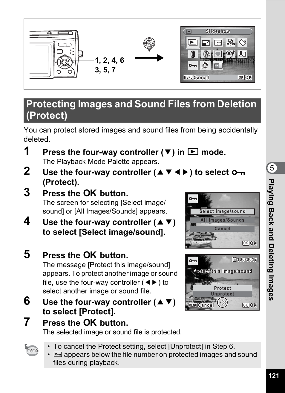 P.121, Press the four-way controller ( 3 ) in q mode, Press the 4 button | Pentax Optio M30 User Manual | Page 123 / 188