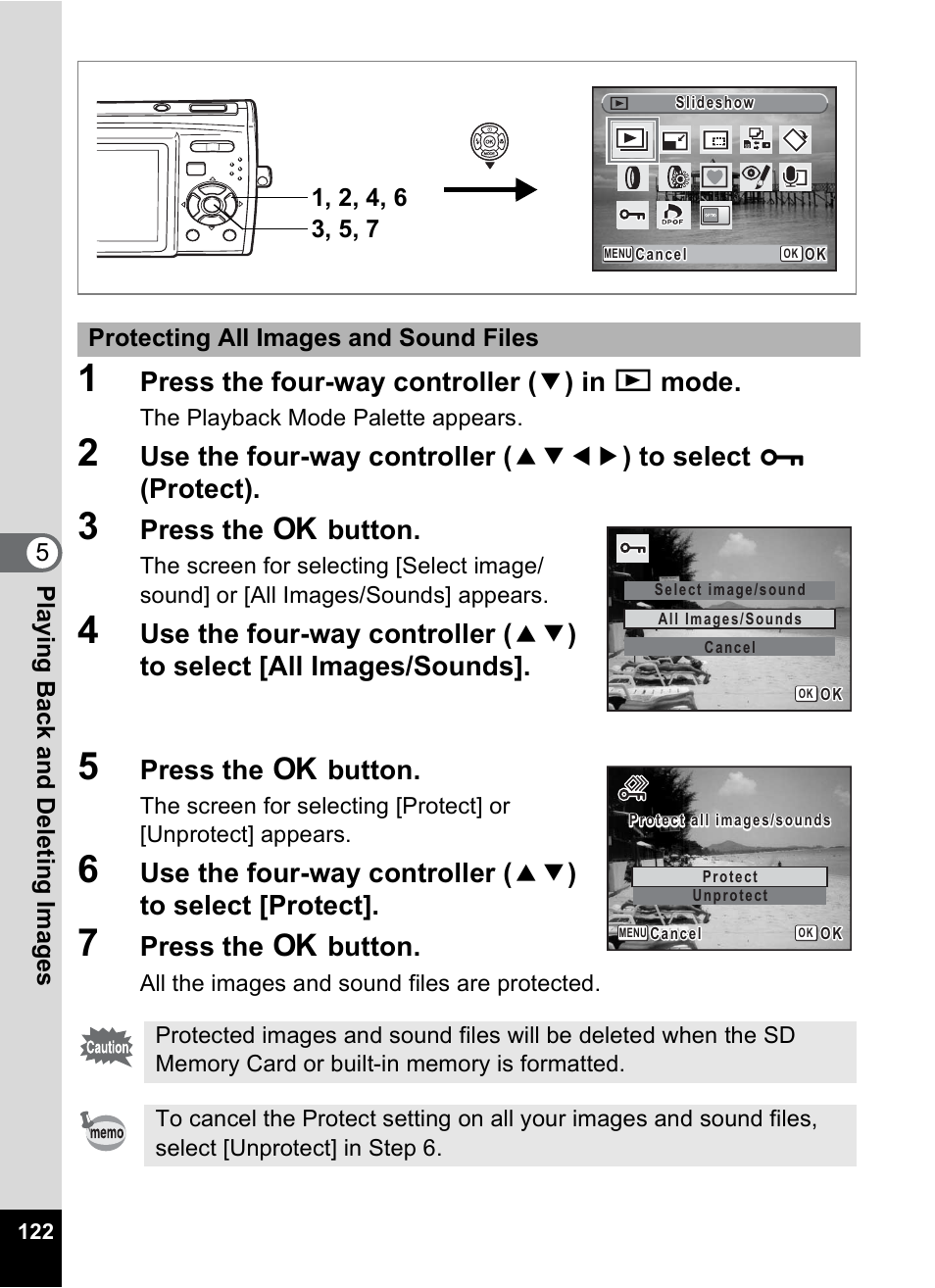 Press the four-way controller ( 3 ) in q mode, Press the 4 button | Pentax Optio M30 User Manual | Page 124 / 188