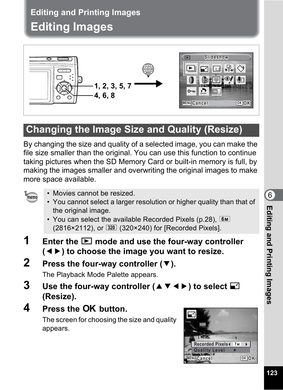 Editing and printing images, Editing images, Changing the image size and quality (resize) | P.123, Press the four-way controller ( 3 ), Press the 4 button | Pentax Optio M30 User Manual | Page 125 / 188