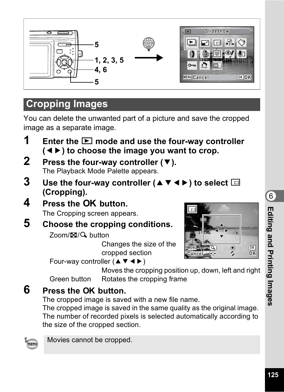 Cropping images, P.125 | Pentax Optio M30 User Manual | Page 127 / 188