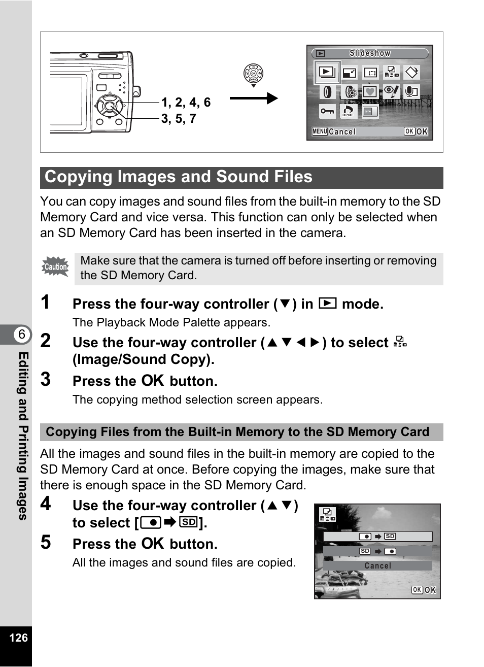 Copying images and sound files, P.126, Press the four-way controller ( 3 ) in q mode | Press the 4 button, Use the four-way controller ( 23 ) to select [ f | Pentax Optio M30 User Manual | Page 128 / 188