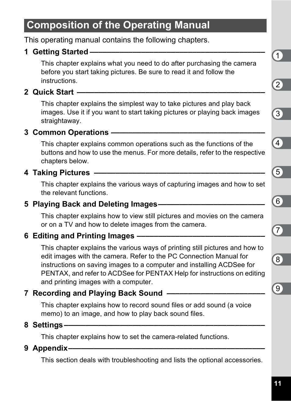 Composition of the operating manual | Pentax Optio M30 User Manual | Page 13 / 188