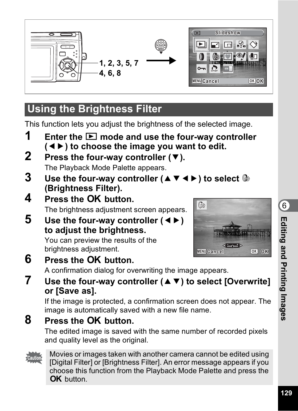 Using the brightness filter, P.129 | Pentax Optio M30 User Manual | Page 131 / 188