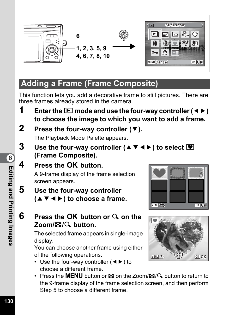 Adding a frame (frame composite), P.130, Press the four-way controller ( 3 ) | Press the 4 button, Press the 4 button or y on the zoom/ f / y button | Pentax Optio M30 User Manual | Page 132 / 188