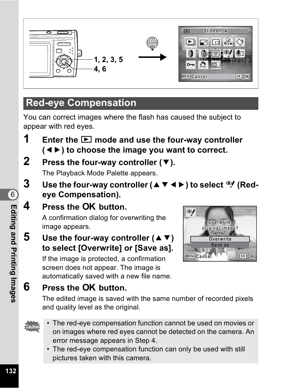 Red-eye compensation, P.132, Press the four-way controller ( 3 ) | Press the 4 button | Pentax Optio M30 User Manual | Page 134 / 188