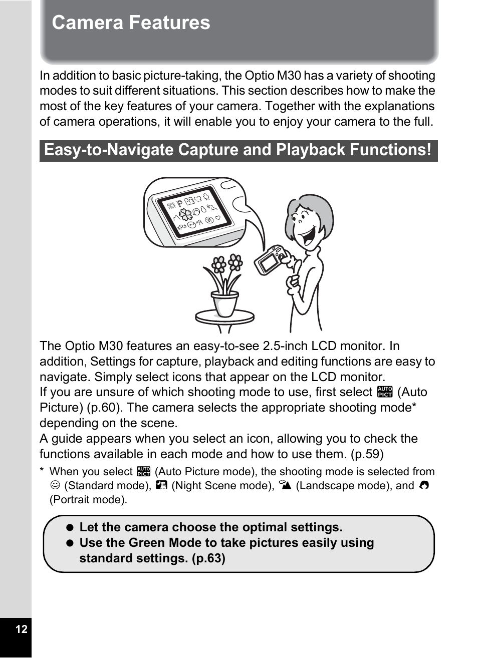 Camera features, Easy-to-navigate capture and playback functions | Pentax Optio M30 User Manual | Page 14 / 188