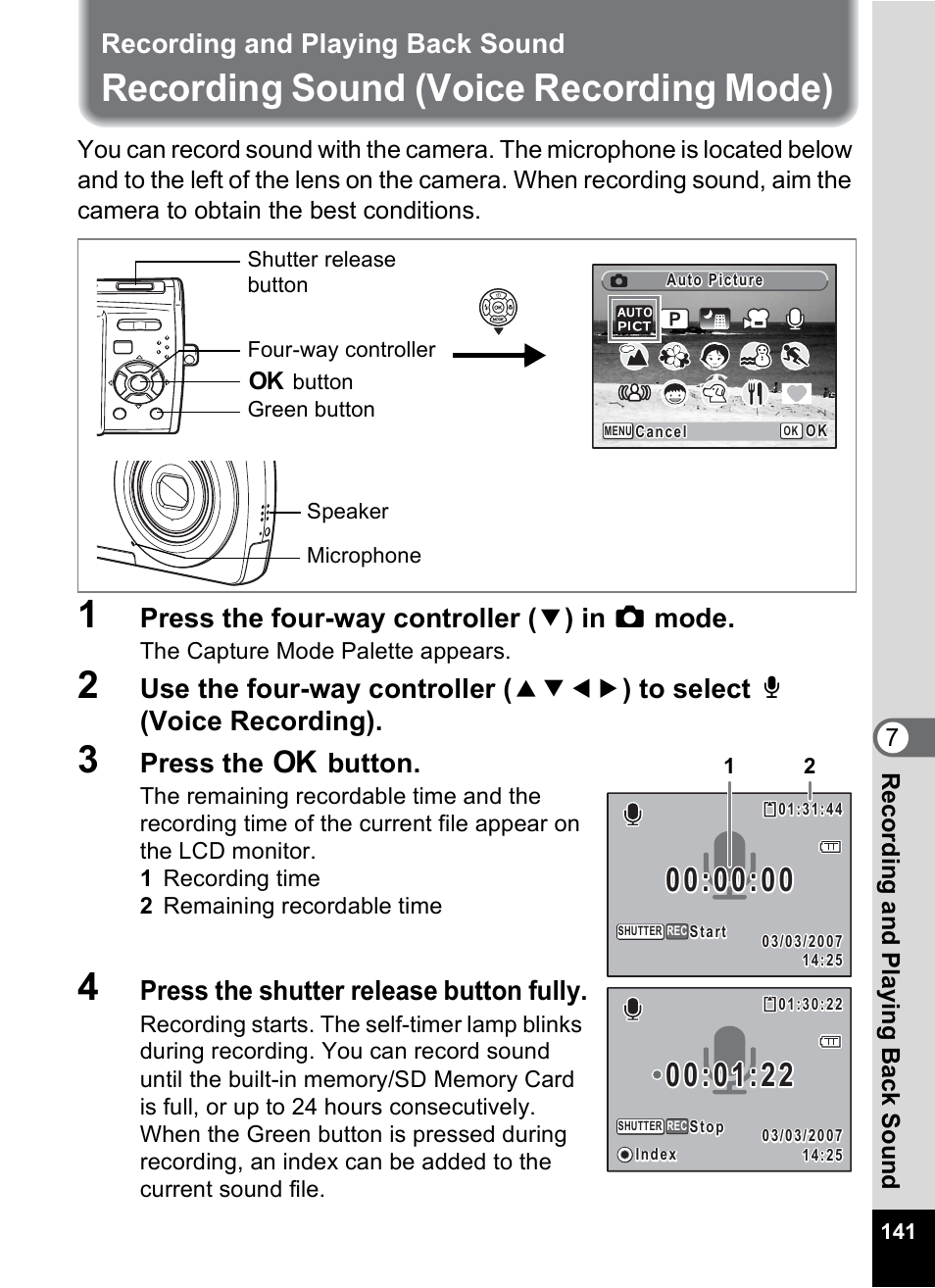 Recording and playing back sound, Recording sound (voice recording mode), P.141 | P.141), Press the four-way controller ( 3 ) in a mode, Press the 4 button, Press the shutter release button fully | Pentax Optio M30 User Manual | Page 143 / 188