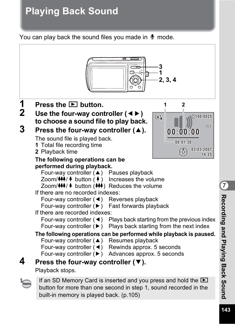 Playing back sound, P.143), P.143 | Pentax Optio M30 User Manual | Page 145 / 188