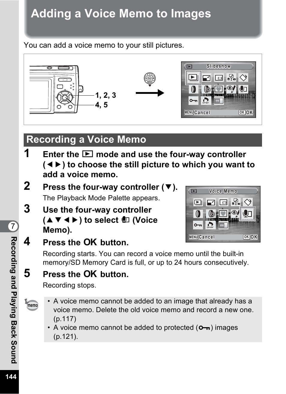 Adding a voice memo to images, Recording a voice memo, P.144 | Press the four-way controller ( 3 ), Press the 4 button | Pentax Optio M30 User Manual | Page 146 / 188