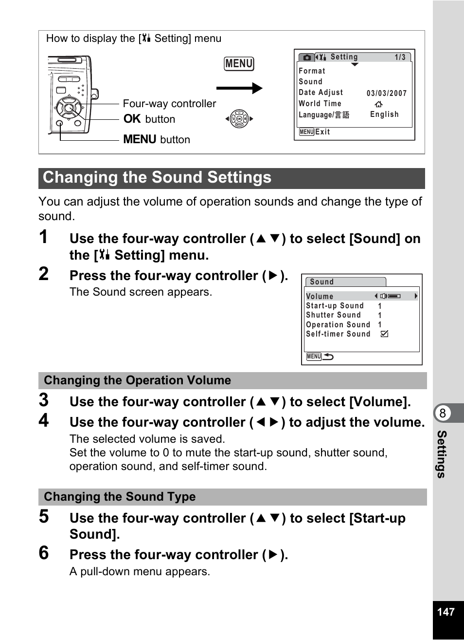 Changing the sound settings, P.147 | Pentax Optio M30 User Manual | Page 149 / 188