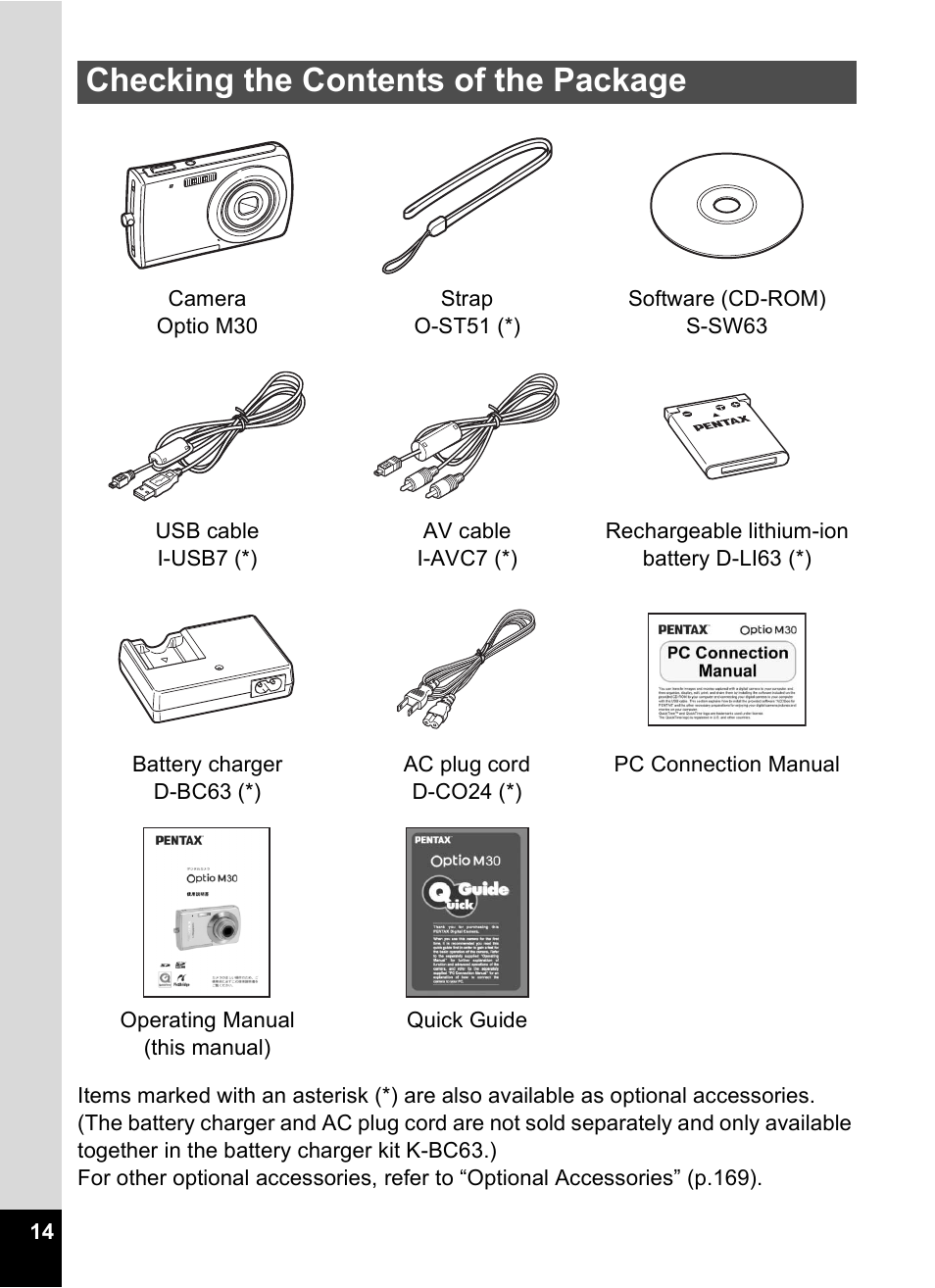 Checking the contents of the package | Pentax Optio M30 User Manual | Page 16 / 188