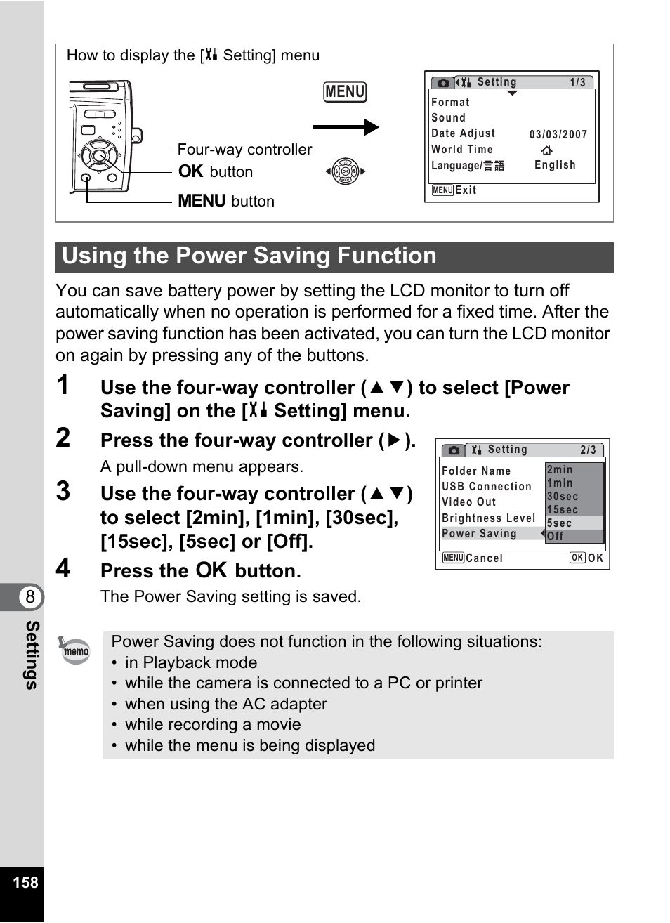 Using the power saving function, P.158, Press the four-way controller ( 5 ) | Press the 4 button | Pentax Optio M30 User Manual | Page 160 / 188