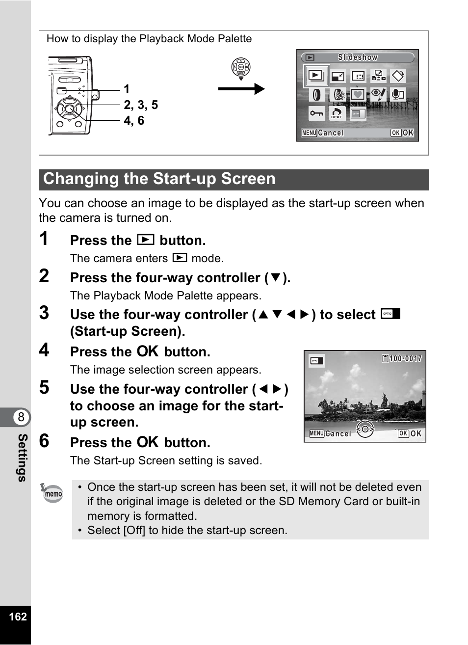 Changing the start-up screen, P.162, Press the q button | Press the four-way controller ( 3 ), Press the 4 button | Pentax Optio M30 User Manual | Page 164 / 188