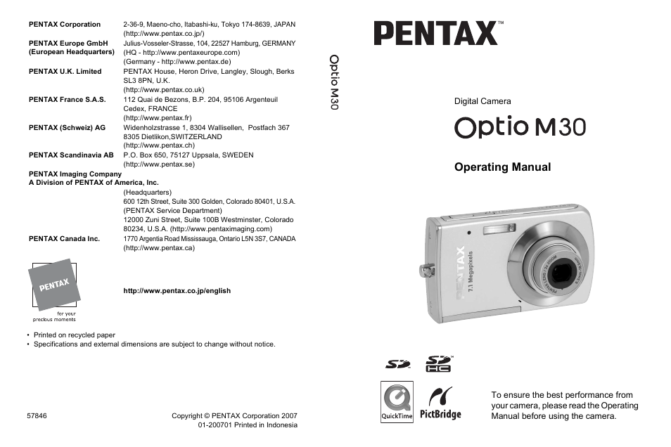 Operating manual, Digital camera | Pentax Optio M30 User Manual | Page 188 / 188