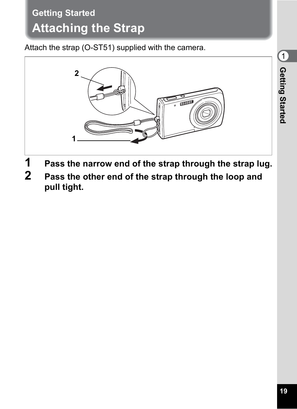 Getting started, Attaching the strap | Pentax Optio M30 User Manual | Page 21 / 188