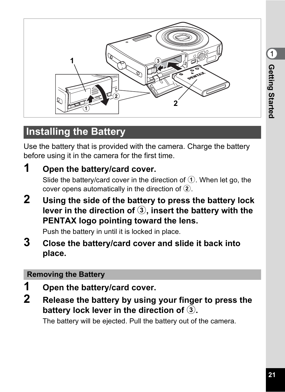 Installing the battery | Pentax Optio M30 User Manual | Page 23 / 188