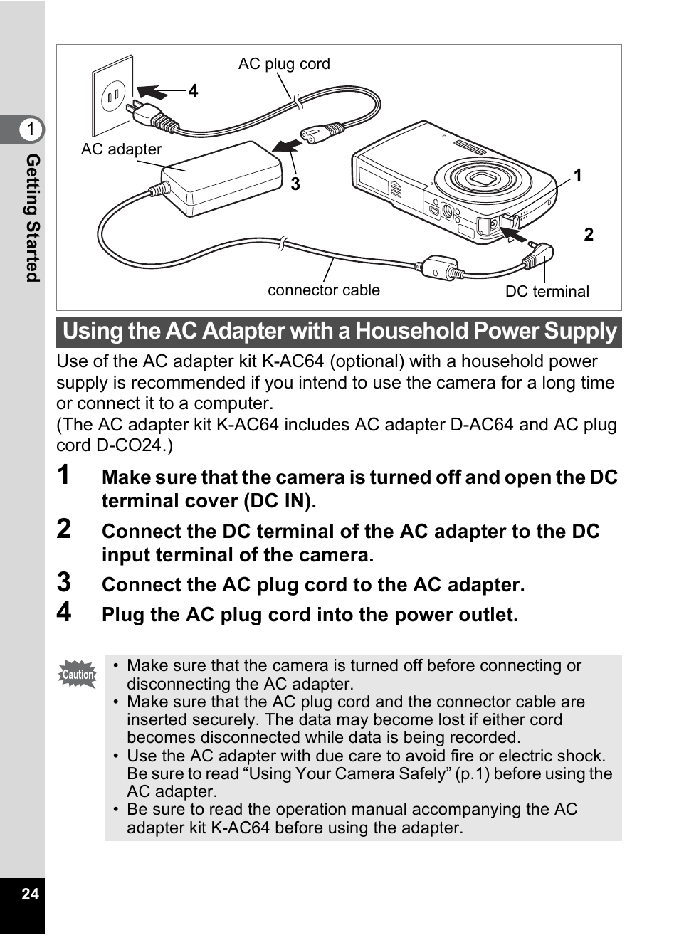 Using the ac adapter with a household power supply | Pentax Optio M30 User Manual | Page 26 / 188