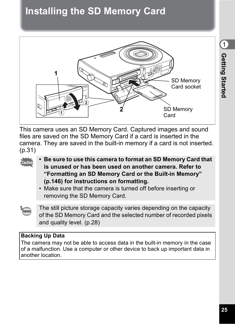 Installing the sd memory card | Pentax Optio M30 User Manual | Page 27 / 188