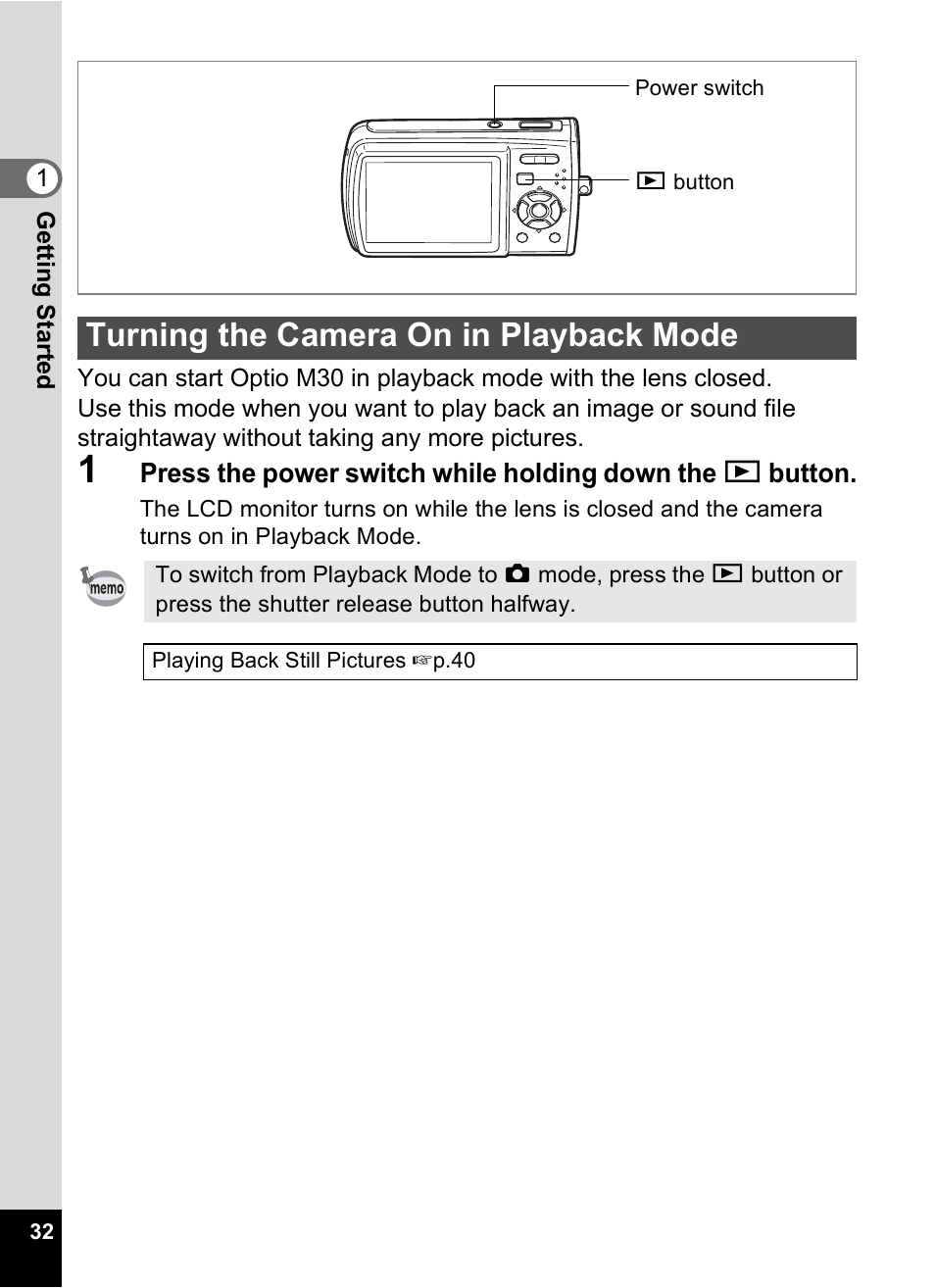 Turning the camera on in playback mode | Pentax Optio M30 User Manual | Page 34 / 188