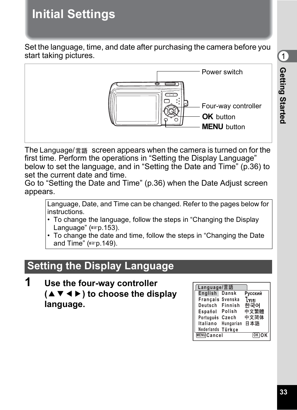 Initial settings, Setting the display language, P.33 | Pentax Optio M30 User Manual | Page 35 / 188