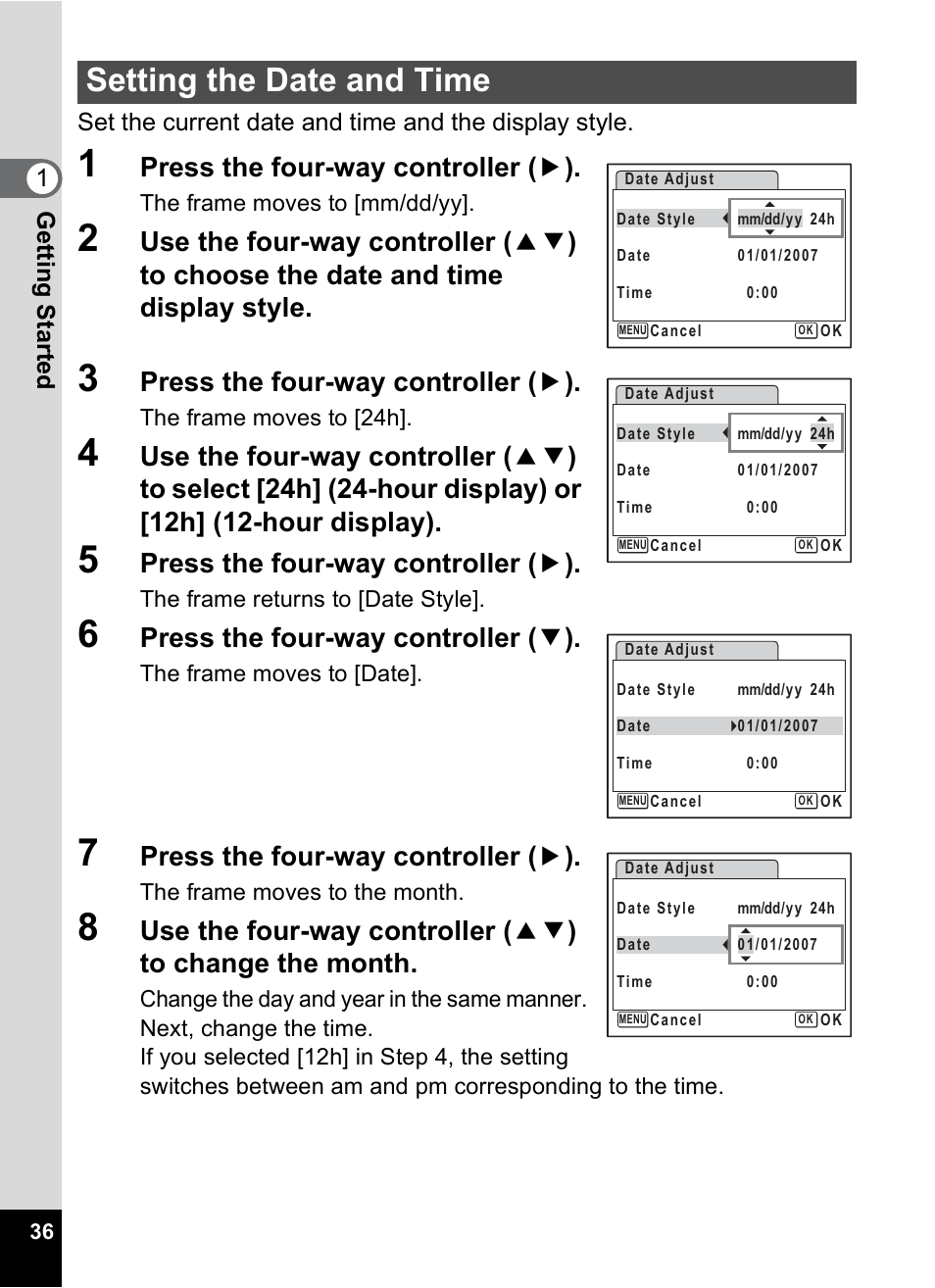 Setting the date and time, P.36), Edure on p.36 | Setting the date and time” (p.36) to, Setting the date and time” (p.36), P.36 a, Press the four-way controller ( 5 ), Press the four-way controller ( 3 ) | Pentax Optio M30 User Manual | Page 38 / 188