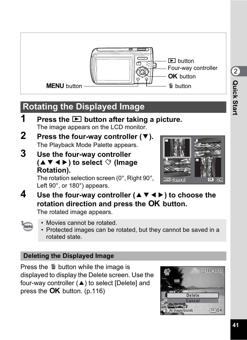 Rotating the displayed image, Press the q button after taking a picture, Press the four-way controller ( 3 ) | Pentax Optio M30 User Manual | Page 43 / 188