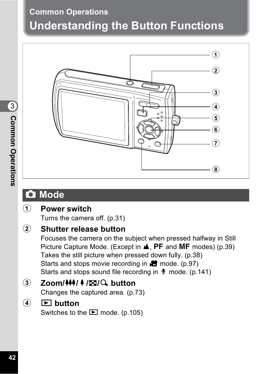 Common operations, Understanding the button functions, Capture mode | Mode, Amode | Pentax Optio M30 User Manual | Page 44 / 188