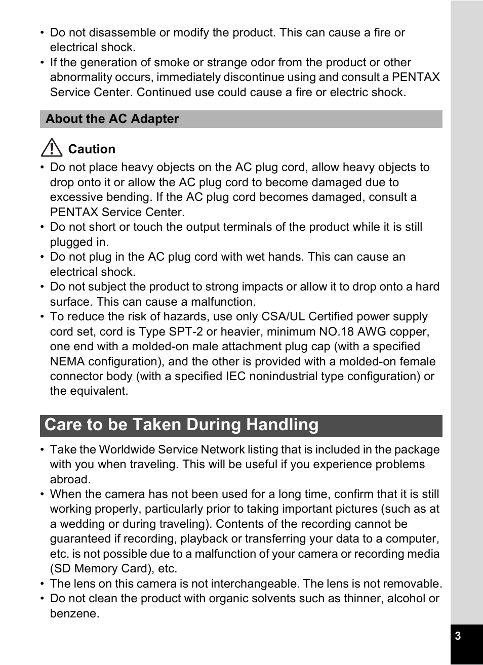 Care to be taken during handling | Pentax Optio M30 User Manual | Page 5 / 188