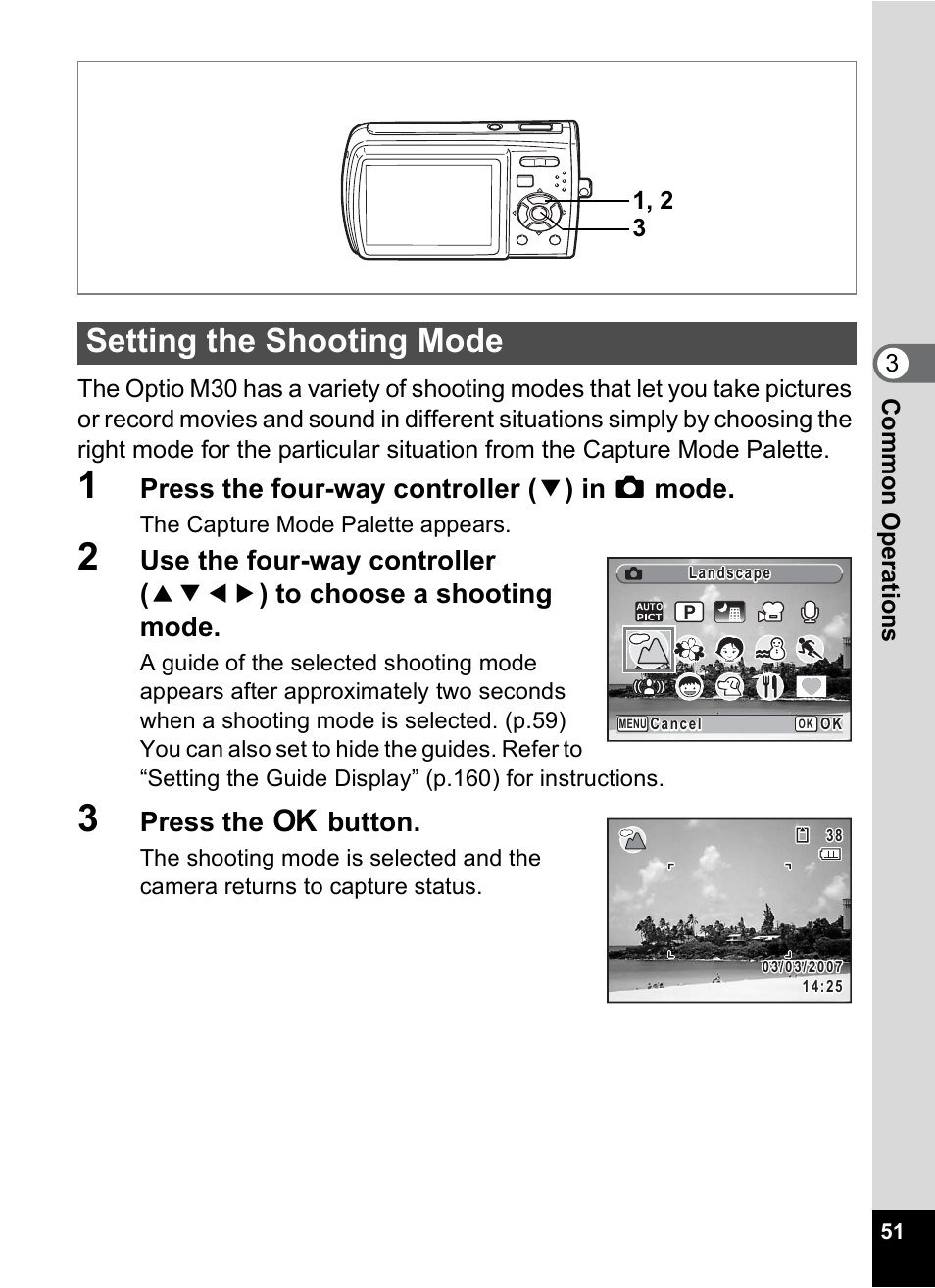 Setting the shooting mode, P.51), Press the four-way controller ( 3 ) in a mode | Press the 4 button | Pentax Optio M30 User Manual | Page 53 / 188