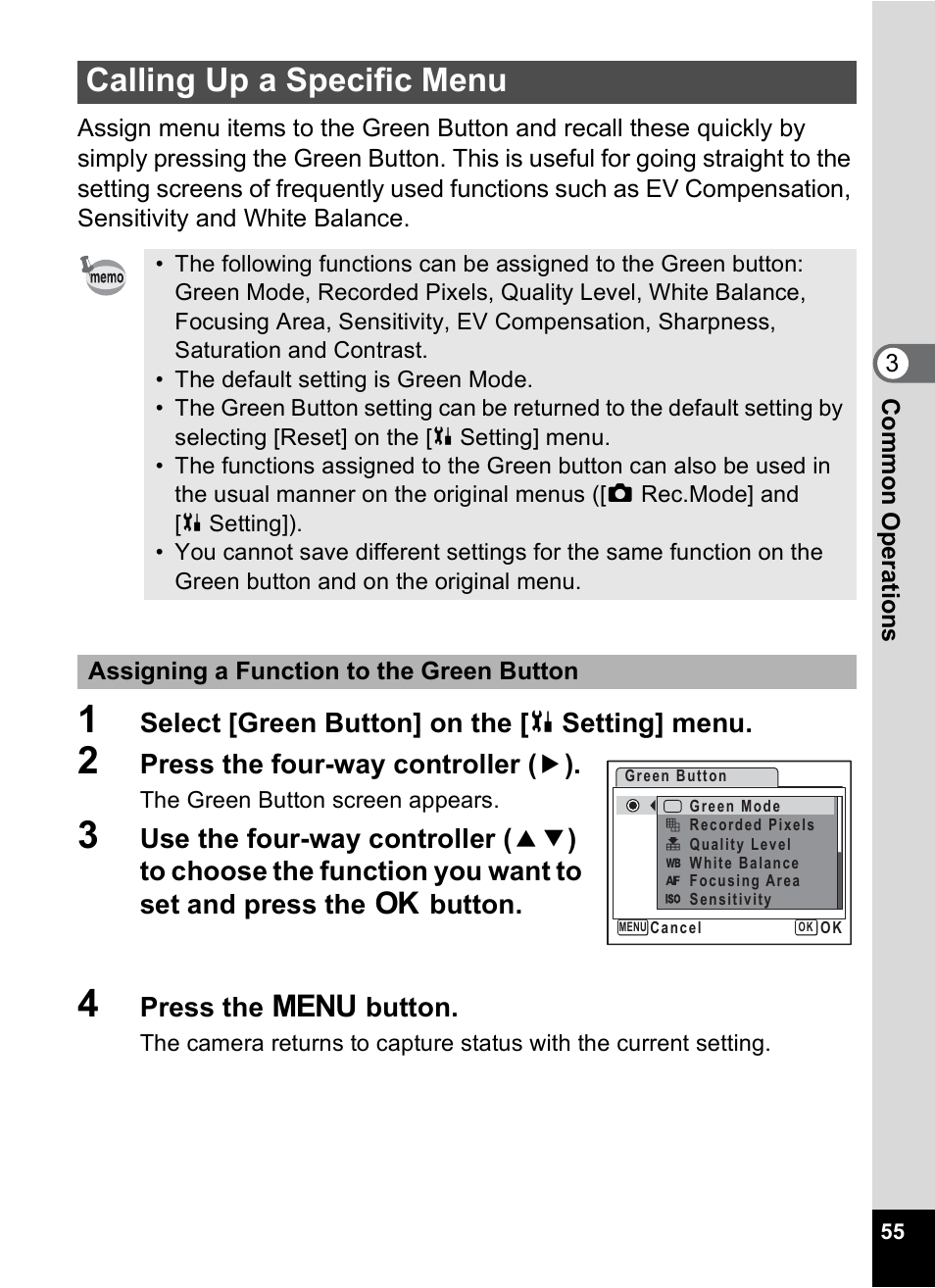 Calling up a specific menu, P.55), P.55 | Pentax Optio M30 User Manual | Page 57 / 188