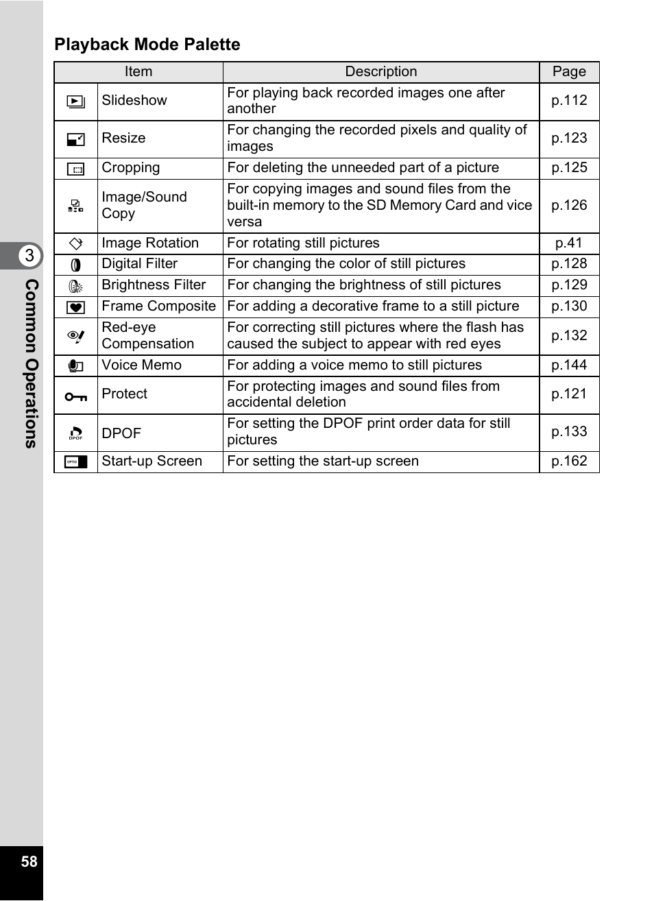 P.58), 3com m on o p erati ons playback mode palette | Pentax Optio M30 User Manual | Page 60 / 188