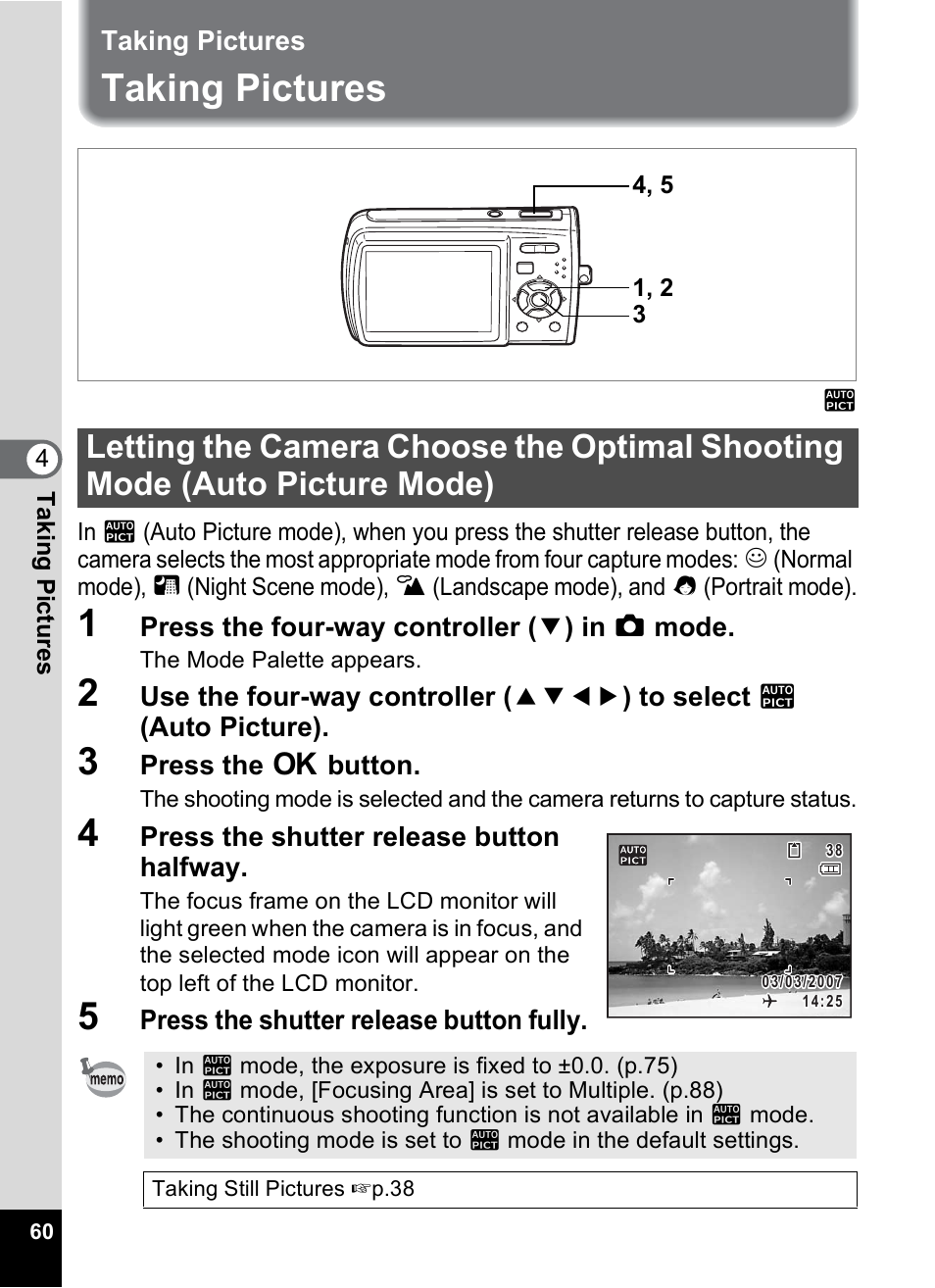 Taking pictures, P.60, P.60) | Pentax Optio M30 User Manual | Page 62 / 188