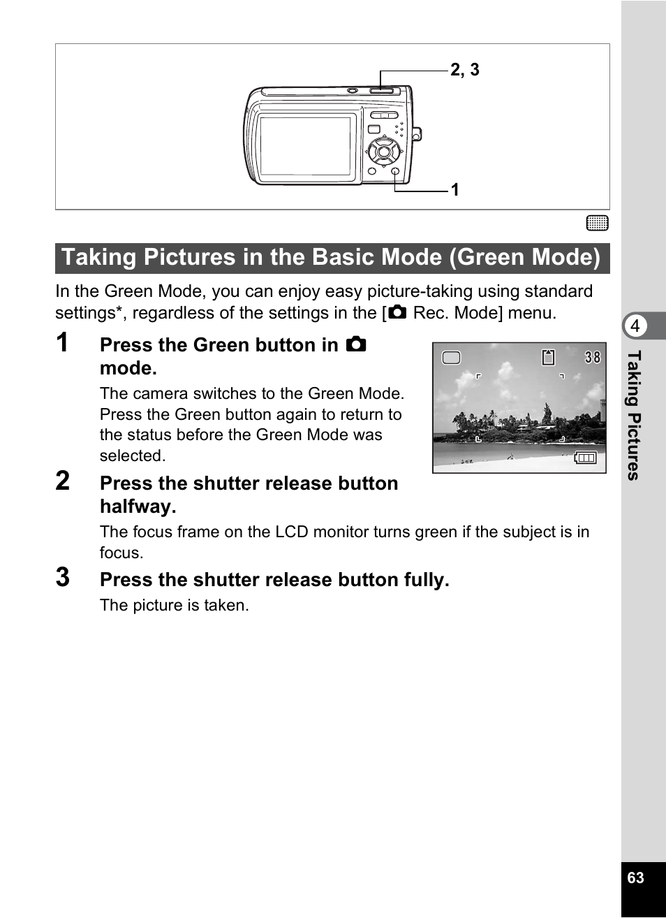 Taking pictures in the basic mode (green mode), P.63) | Pentax Optio M30 User Manual | Page 65 / 188