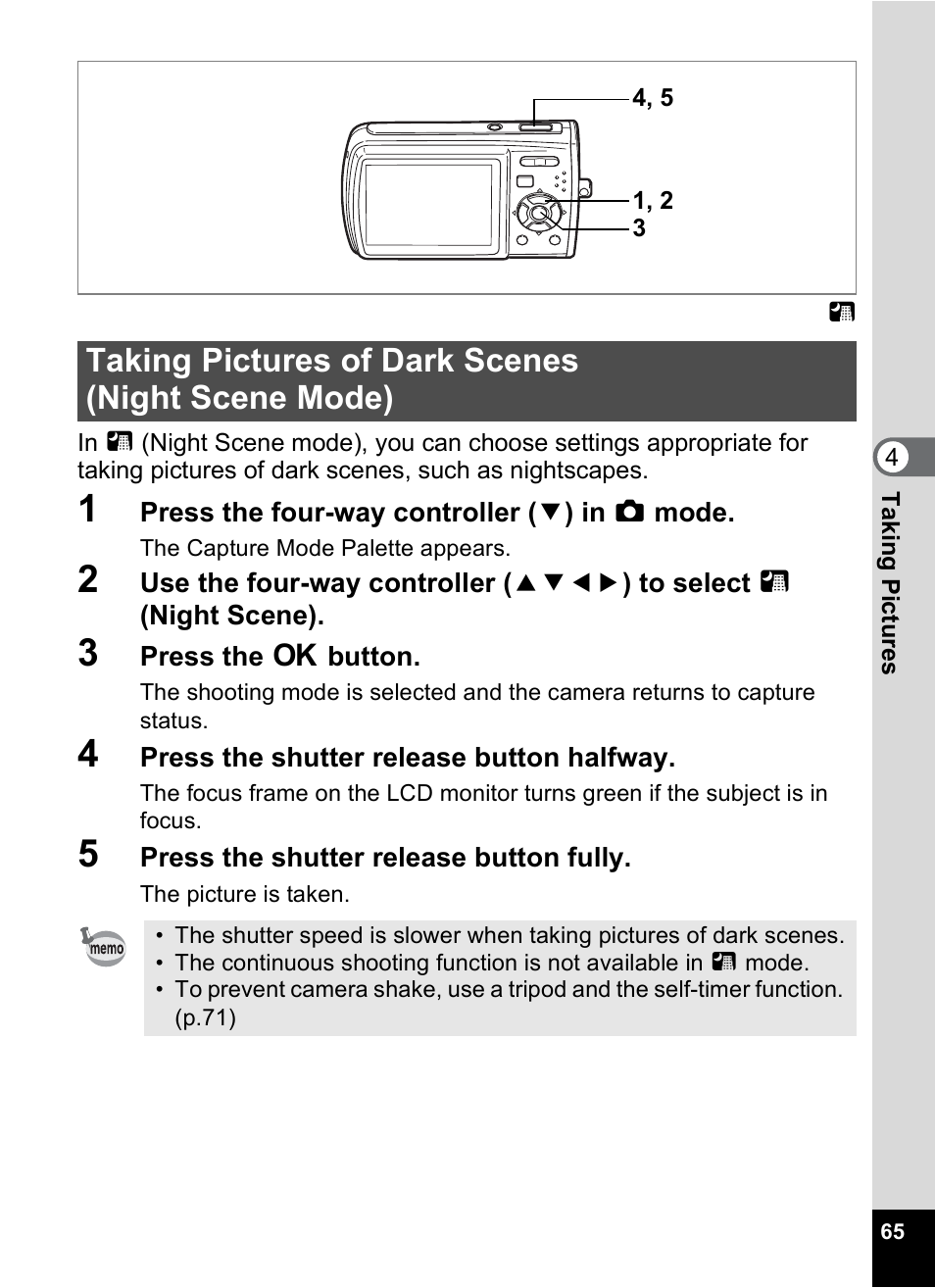 Taking pictures of dark scenes (night scene mode), P.65) | Pentax Optio M30 User Manual | Page 67 / 188