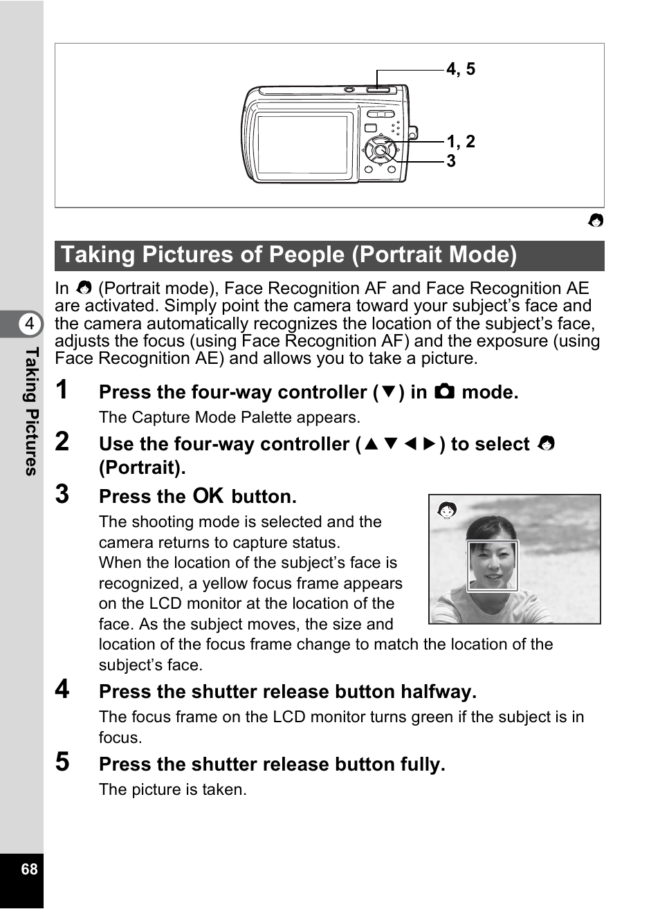 Taking pictures of people (portrait mode) | Pentax Optio M30 User Manual | Page 70 / 188