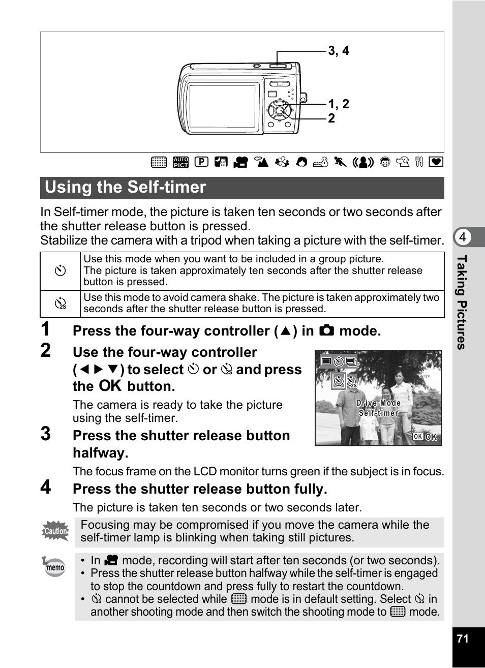 Using the self-timer, P.71 | Pentax Optio M30 User Manual | Page 73 / 188