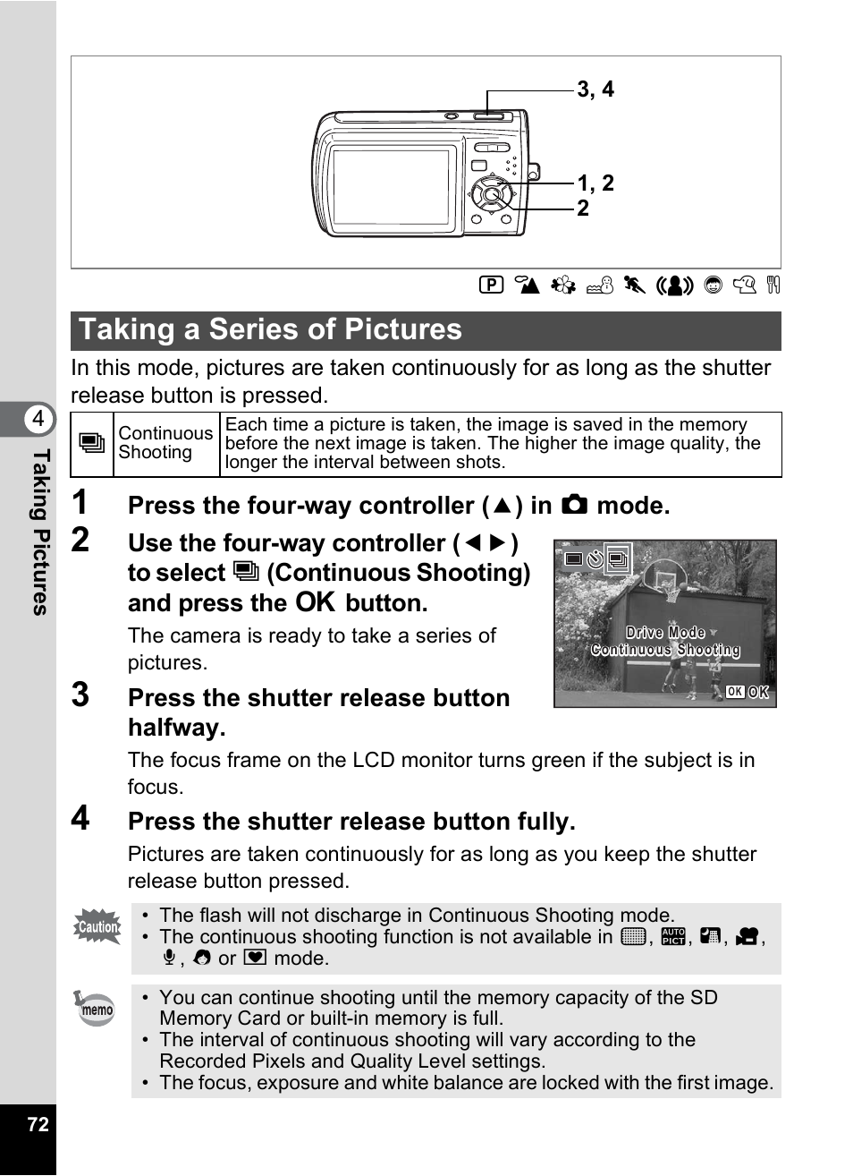 Taking a series of pictures, P.72, P.72) | Pentax Optio M30 User Manual | Page 74 / 188