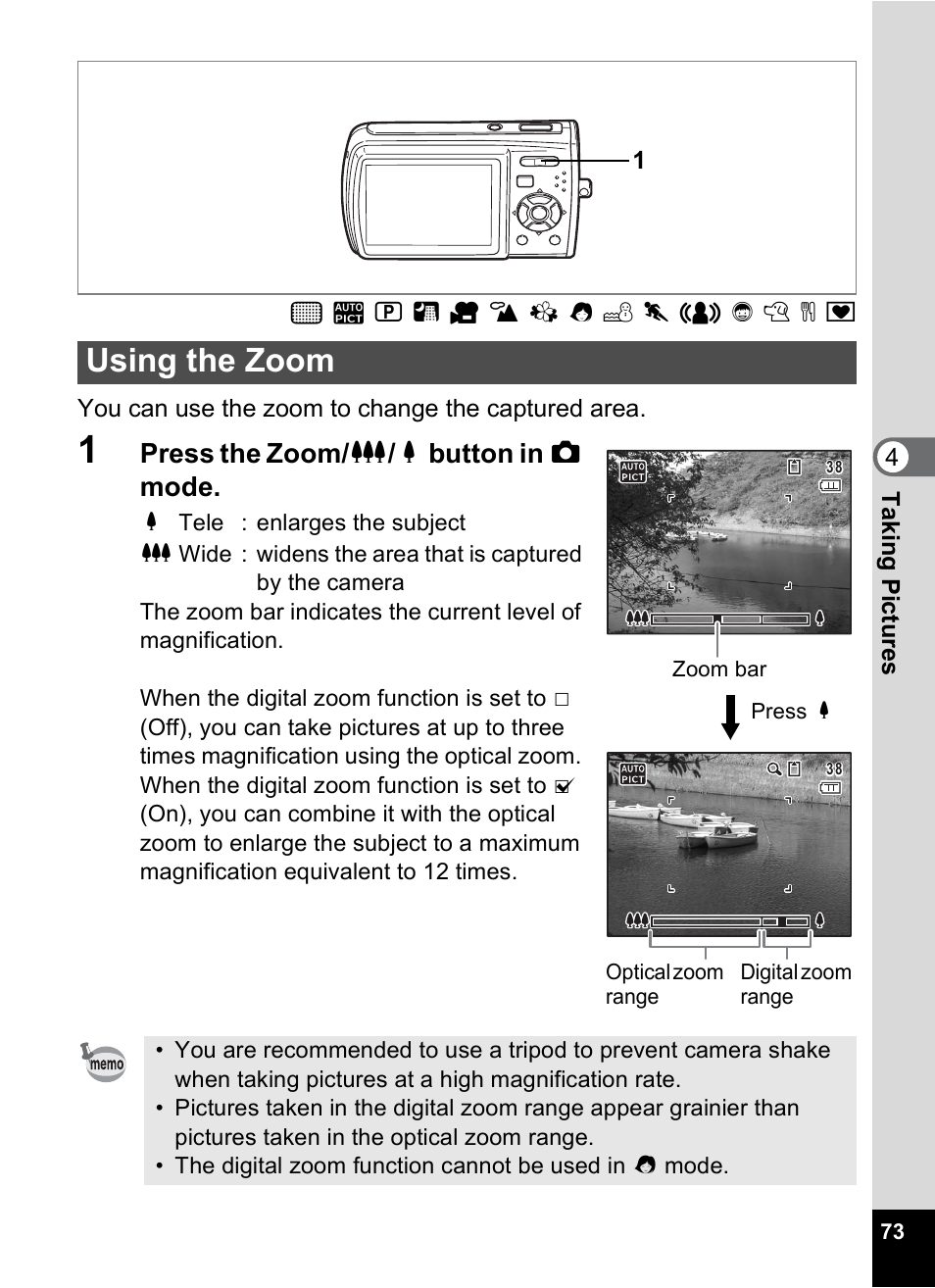 Using the zoom, P.73), Press the zoom/ w / x button in a mode | Pentax Optio M30 User Manual | Page 75 / 188