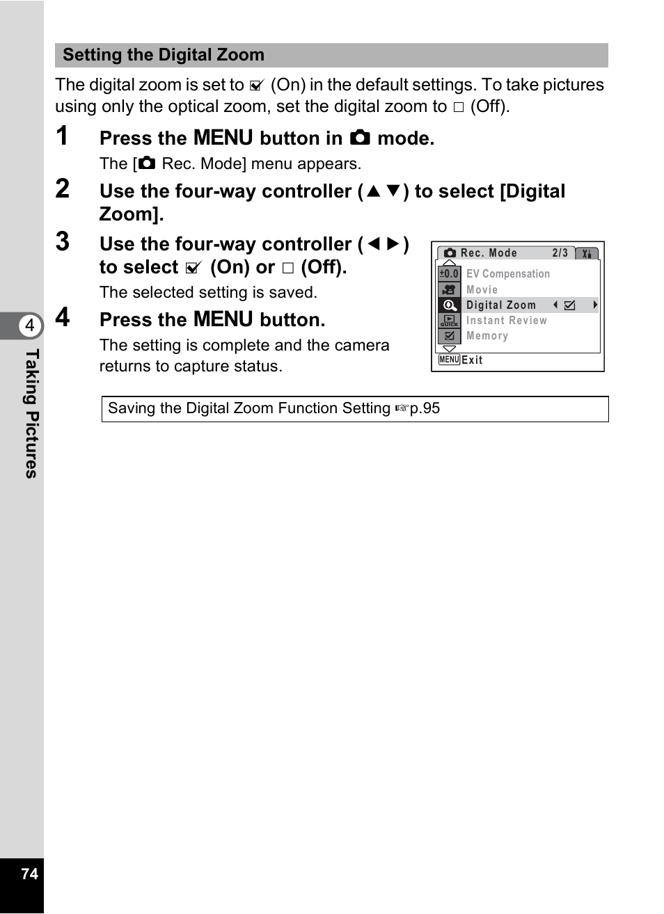 P.74, Press the 3 button in a mode, Press the 3 button | Pentax Optio M30 User Manual | Page 76 / 188