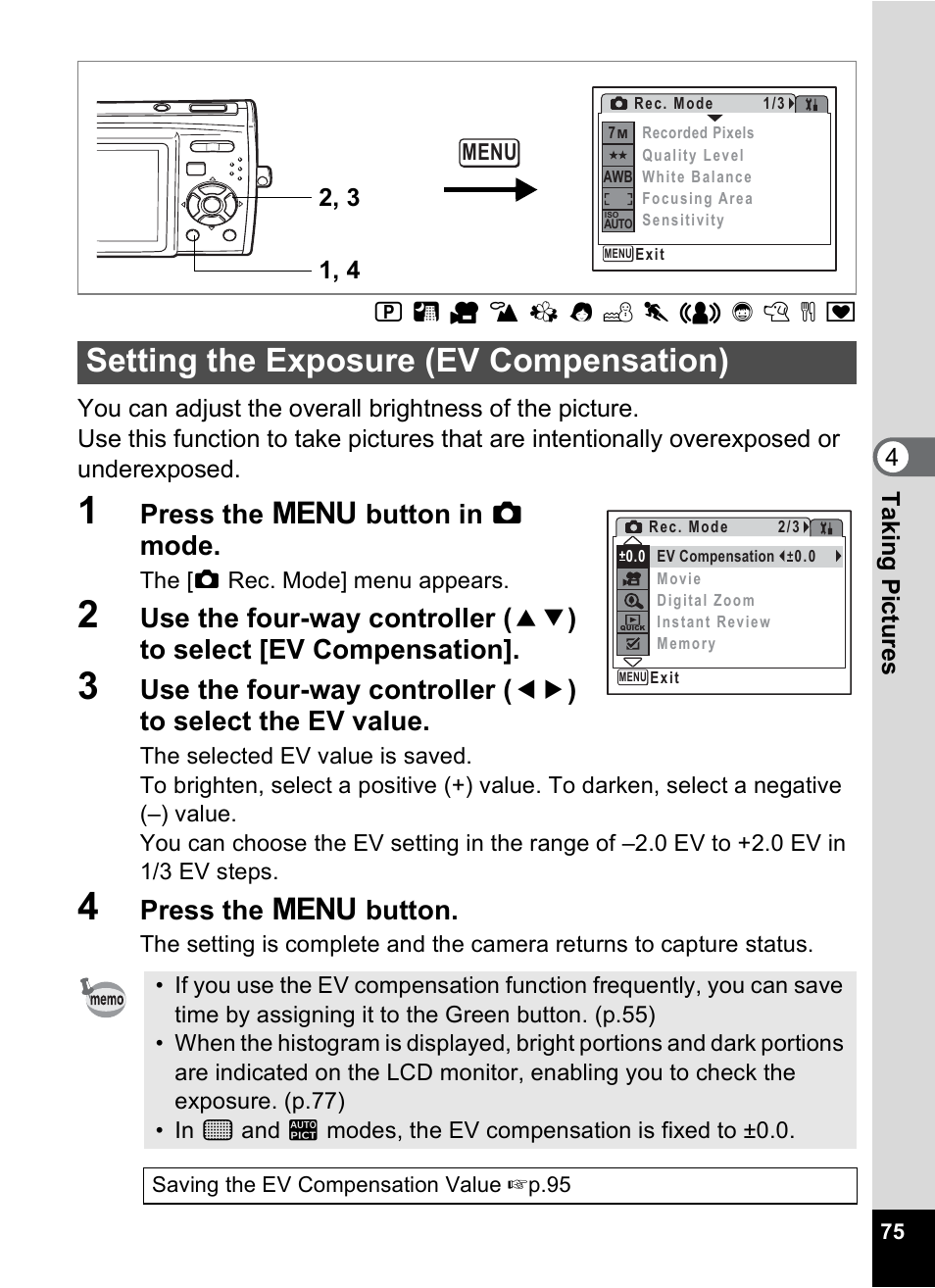 Setting the exposure (ev compensation), P.75), P.75 | Press the 3 button in a mode, Press the 3 button | Pentax Optio M30 User Manual | Page 77 / 188