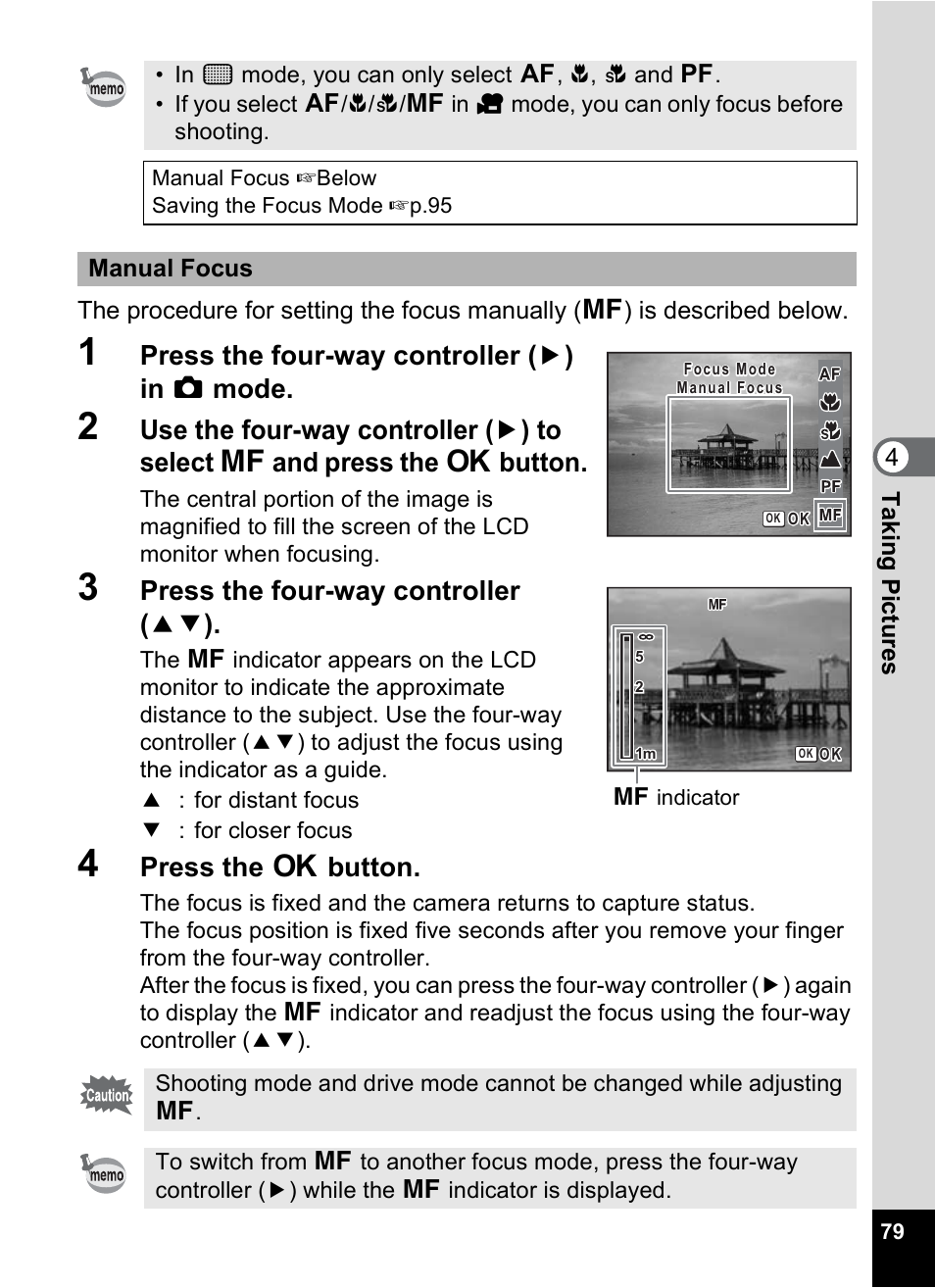 P.79, P.79), Press the four-way controller ( 5 ) in a mode | Press the four-way controller ( 23 ), Press the 4 button | Pentax Optio M30 User Manual | Page 81 / 188