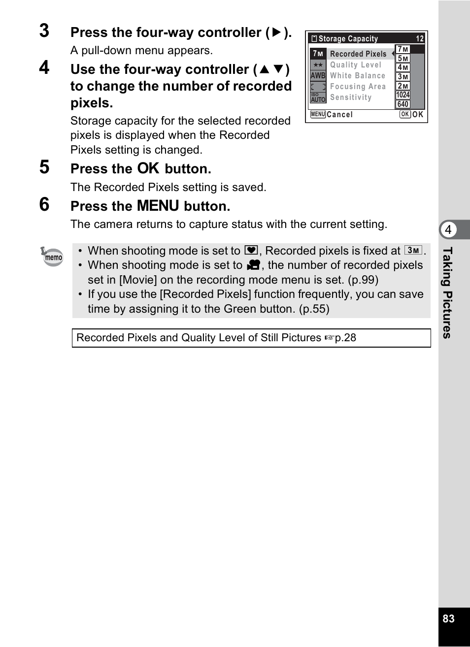 Press the four-way controller ( 5 ), Press the 4 button, Press the 3 button | 4tak ing pi cture s | Pentax Optio M30 User Manual | Page 85 / 188