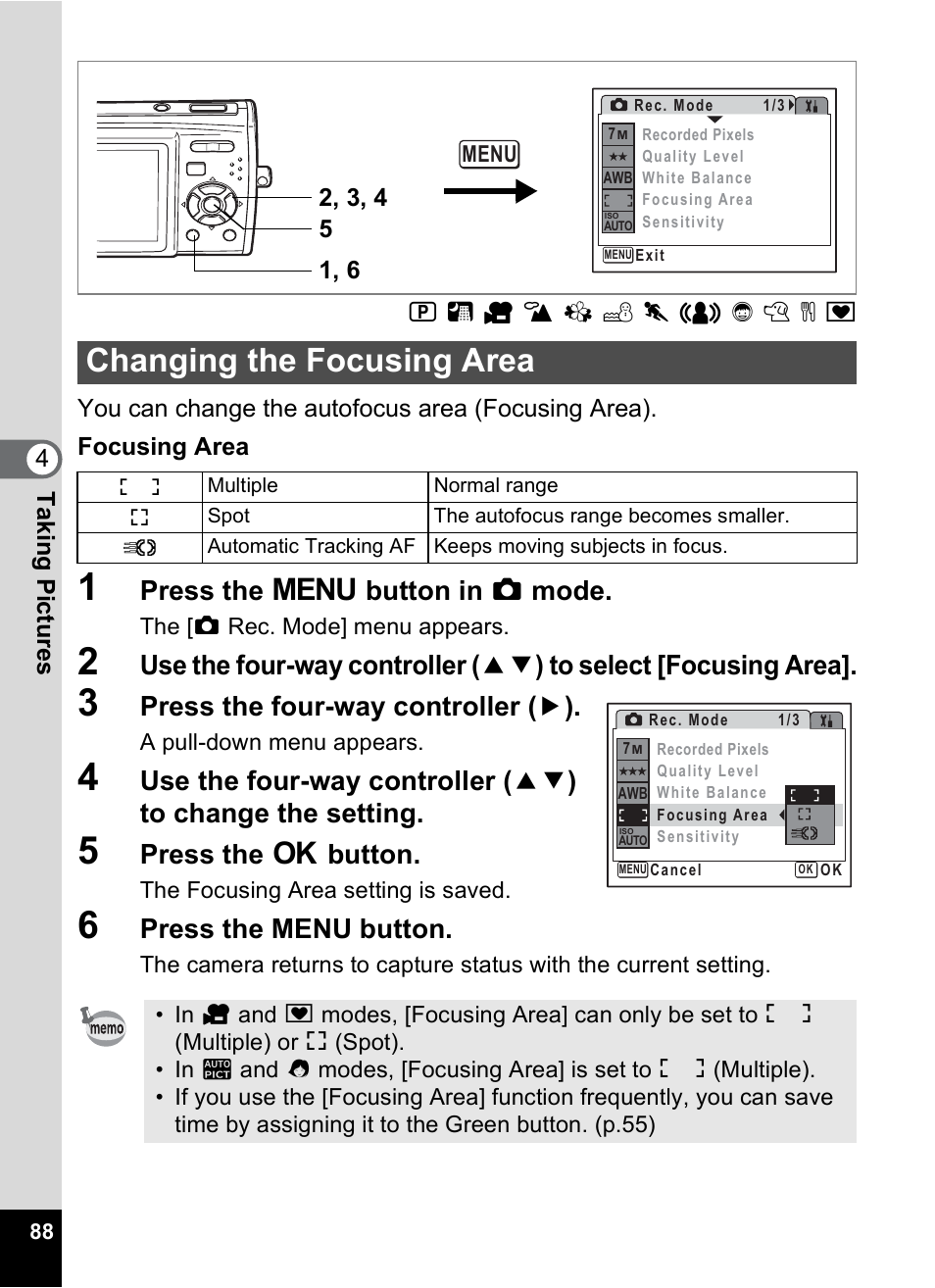 Changing the focusing area, P.88, Press the 3 button in a mode | Press the four-way controller ( 5 ), Press the 4 button, Press the menu button | Pentax Optio M30 User Manual | Page 90 / 188