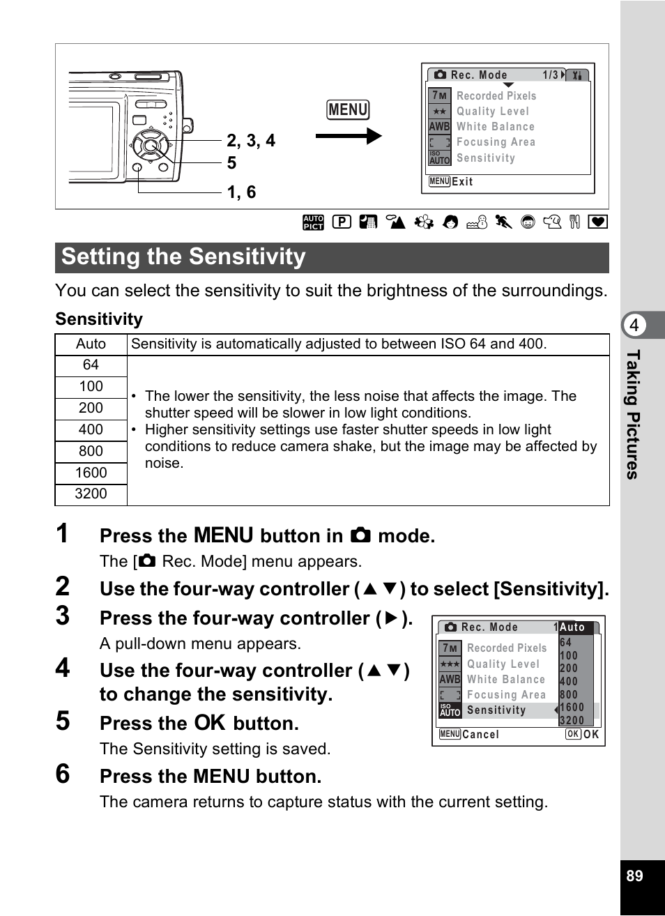 Setting the sensitivity, Y (p.89), P.89) | P.89, Press the 3 button in a mode, Press the four-way controller ( 5 ), Press the 4 button, Press the menu button | Pentax Optio M30 User Manual | Page 91 / 188