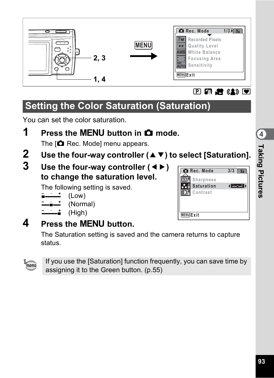 Setting the color saturation (saturation), P.93, Press the 3 button in a mode | Press the 3 button | Pentax Optio M30 User Manual | Page 95 / 188