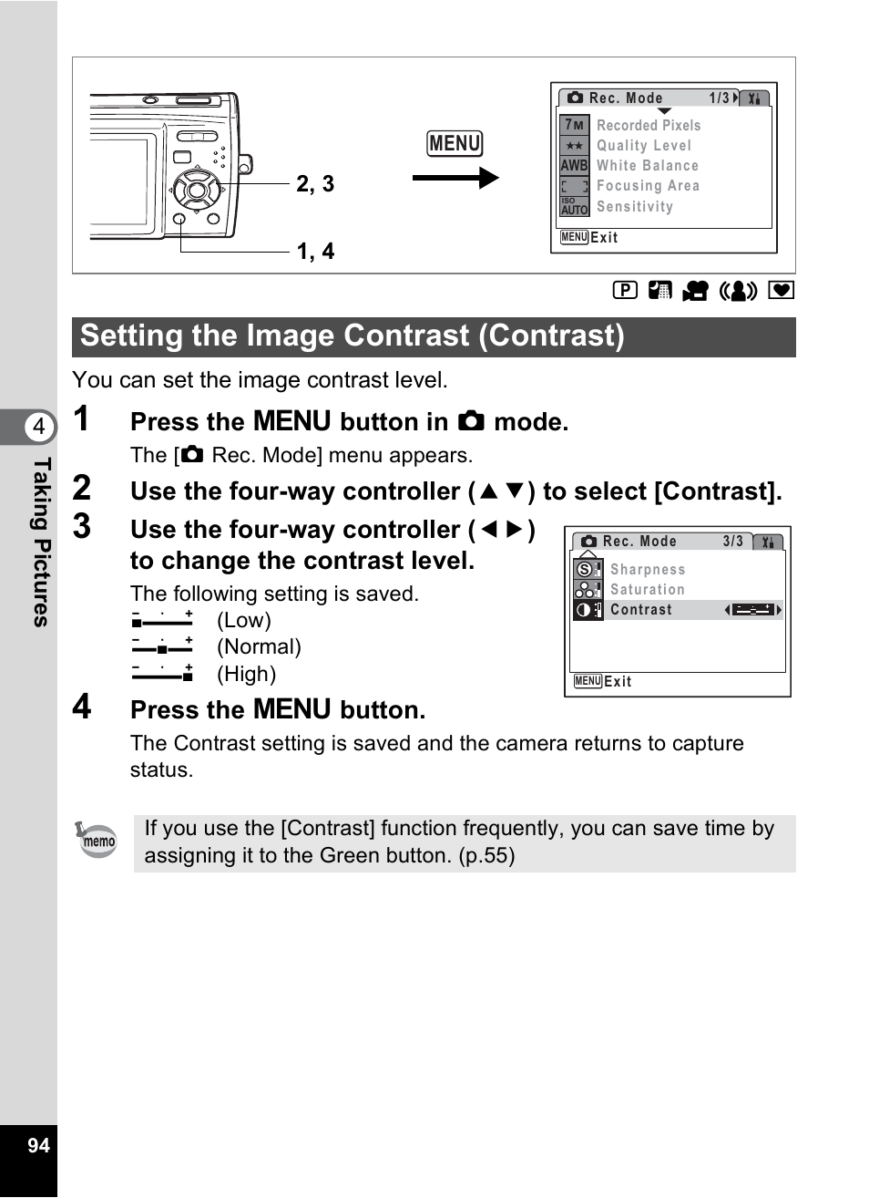 Setting the image contrast (contrast), P.94, Press the 3 button in a mode | Press the 3 button | Pentax Optio M30 User Manual | Page 96 / 188