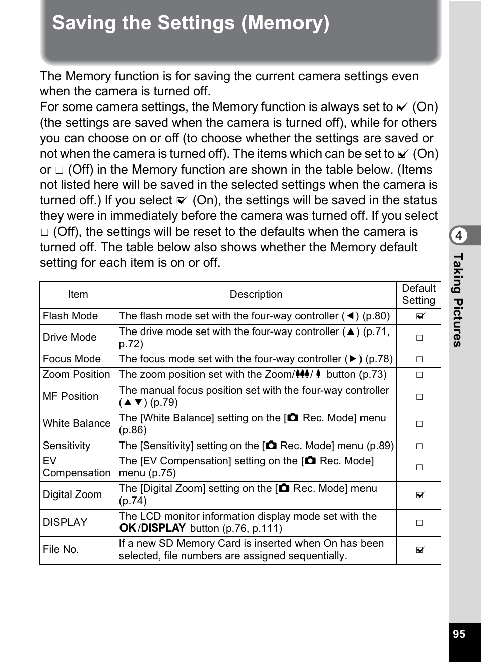 Saving the settings (memory), P.95, 4tak ing pi cture s | Pentax Optio M30 User Manual | Page 97 / 188