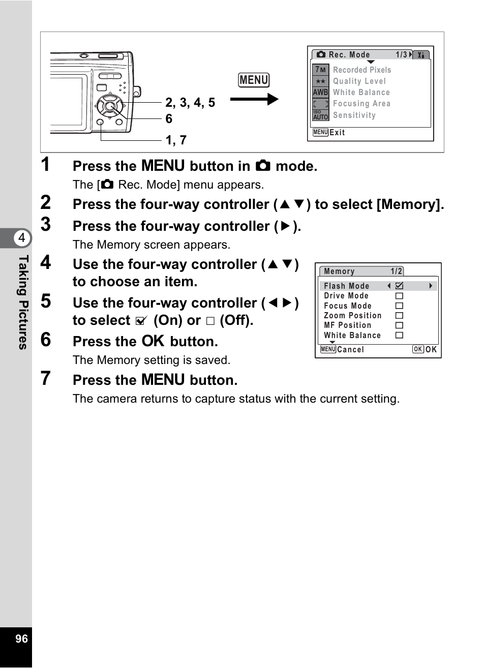 Press the 3 button in a mode, Press the four-way controller ( 5 ), Press the 4 button | Press the 3 button | Pentax Optio M30 User Manual | Page 98 / 188