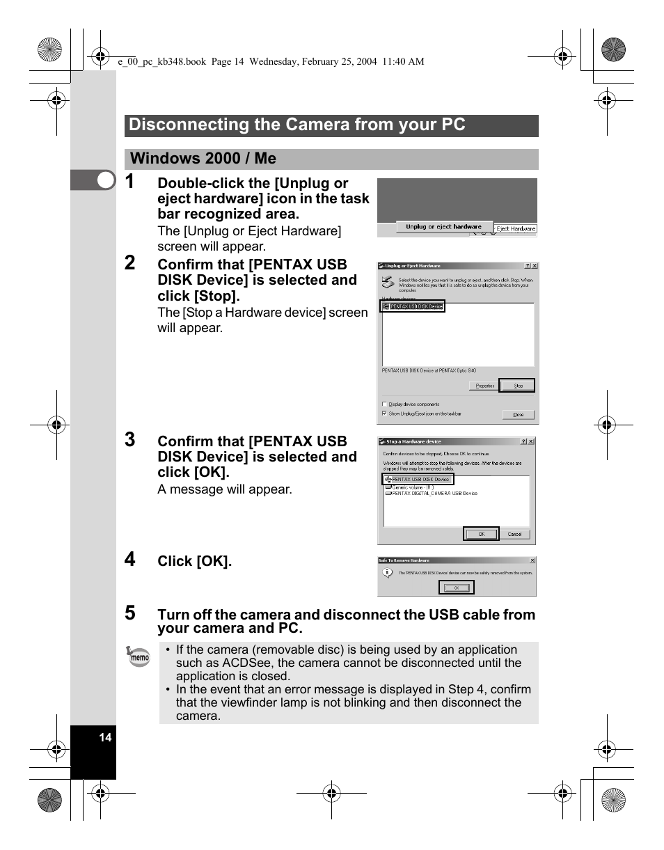 Disconnecting the camera from your pc | Pentax OPTIO S40 User Manual | Page 16 / 48