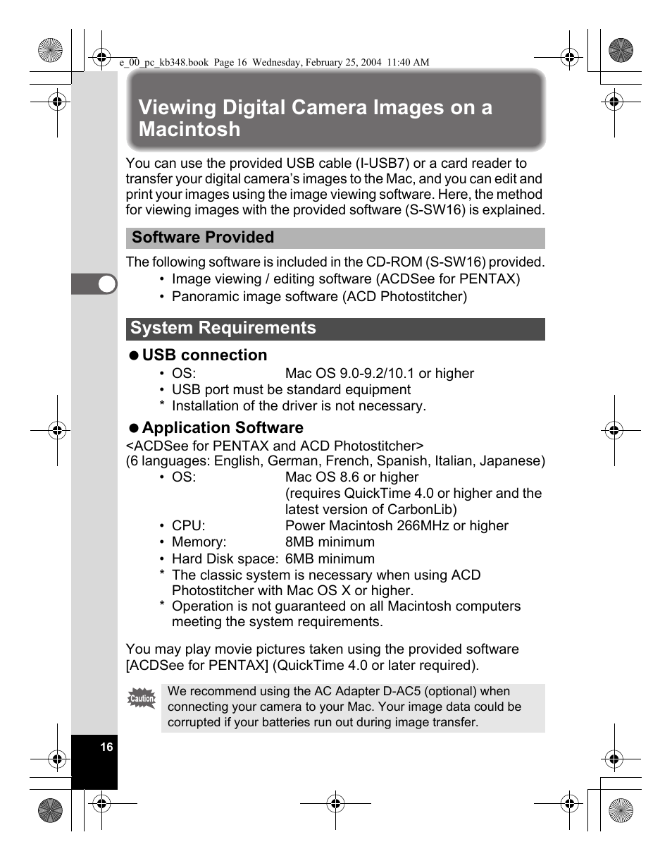 Viewing digital camera images on a macintosh, System requirements | Pentax OPTIO S40 User Manual | Page 18 / 48